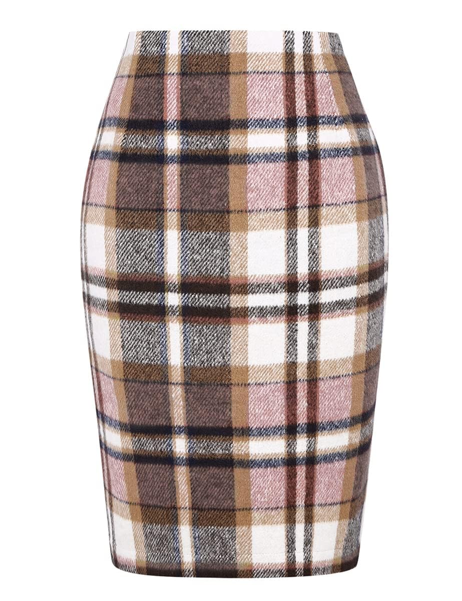IDEALSANXUN Plaid Skirts for Women Fall Winter Knee Length Pencil Wool Skirt with Slit