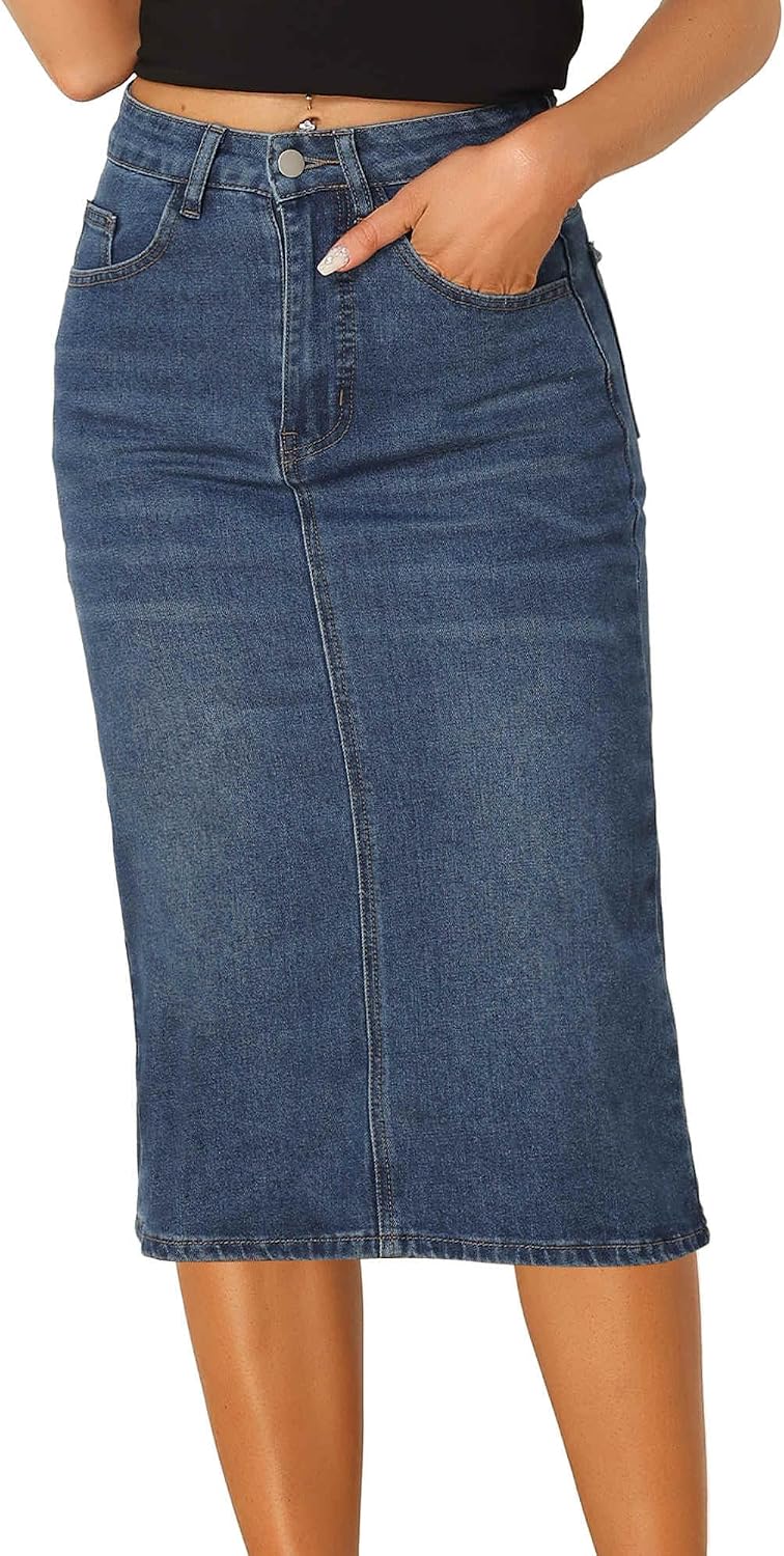Allegra K Denim Pencil Skirts for Women High Waist Midi Casual Jean Skirt