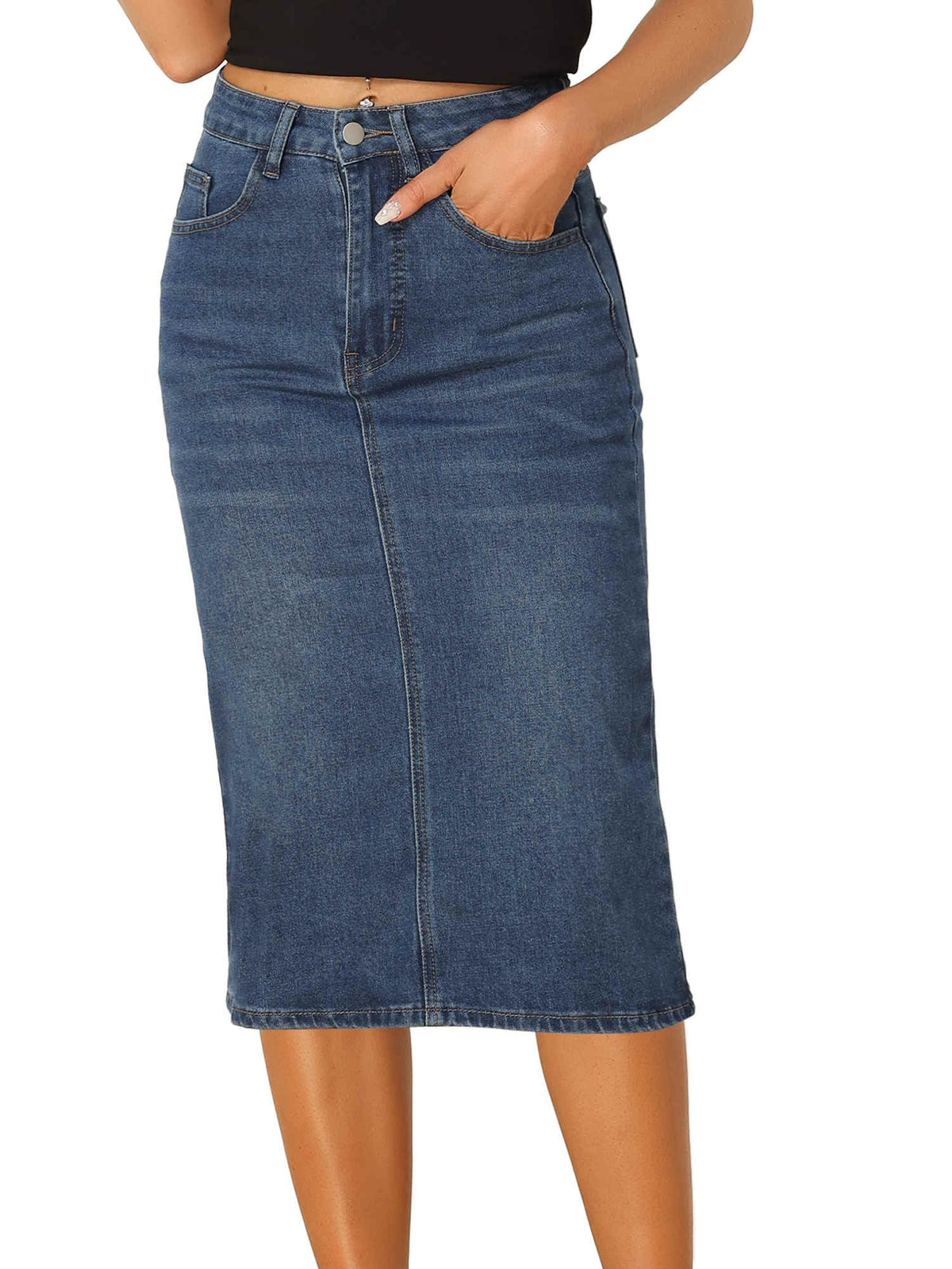 Allegra K Denim Pencil Skirts for Women High Waist Midi Casual Jean Skirt