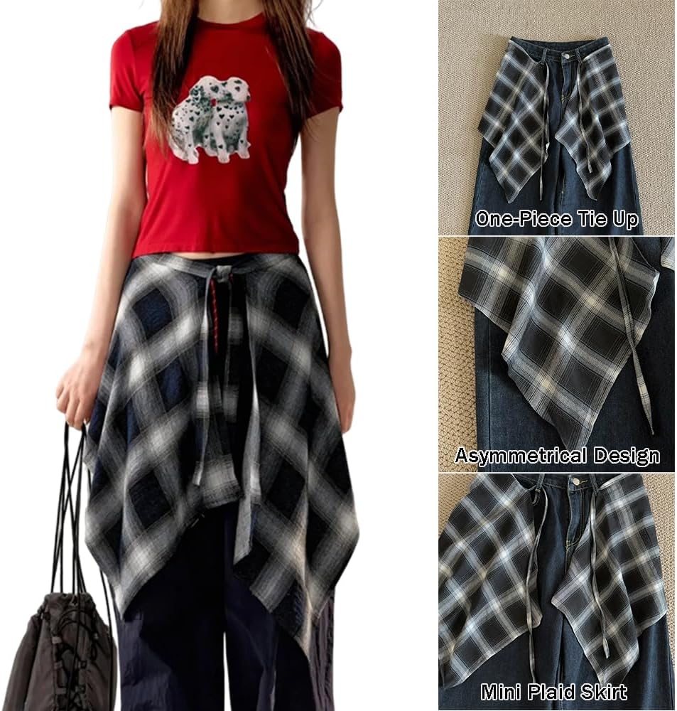 OULIGET Women's Grunge Mini Plaid Skirt,Hip-Hop One-Piece Tie Up Asymmetrical Skirt,Y2k Overlapping Jeans Decorate Skater
