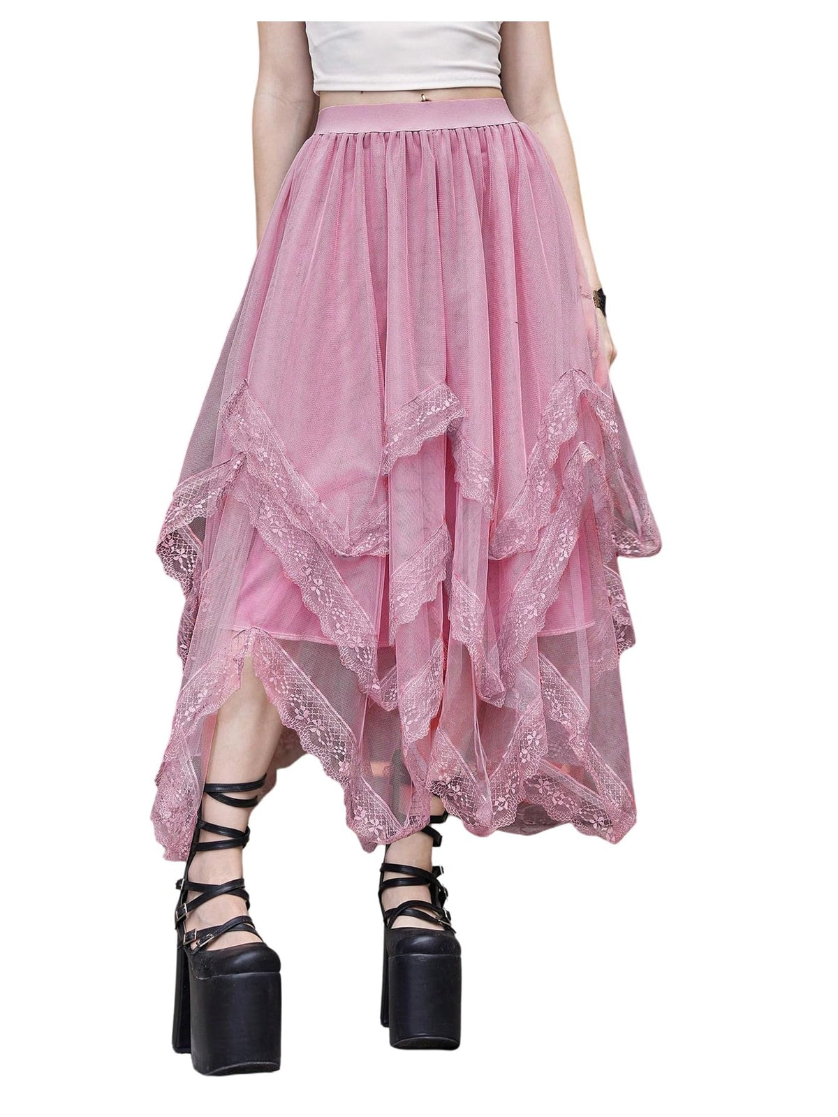 SHENHE Women's Lace Trim Layered Mesh Tulle Skirt Asymmetrical Goth Skirt