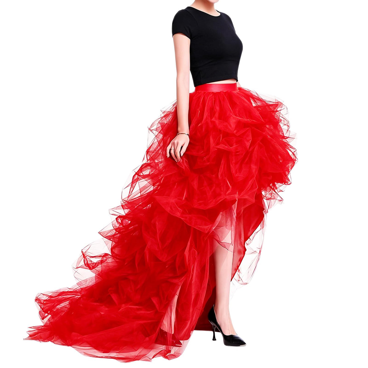 WDPL Women’s High Low Ruffled Tulle Skirt, Long Back Hem for Party Evening