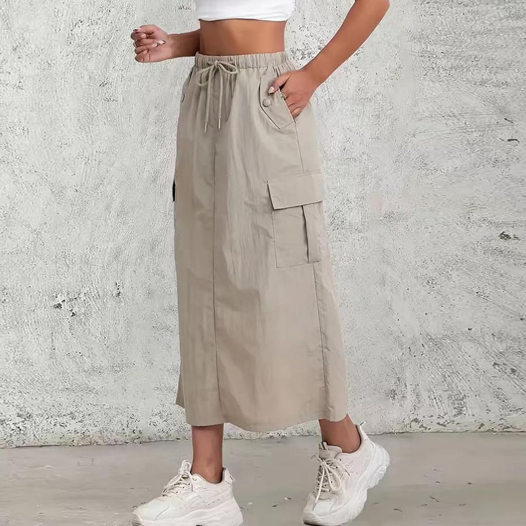 Womens Cargo Skirt High Waisted Drawstring Quick Dry Maxi Skirt Trendy Back Slit A Line Long Skirts Summer Skirts