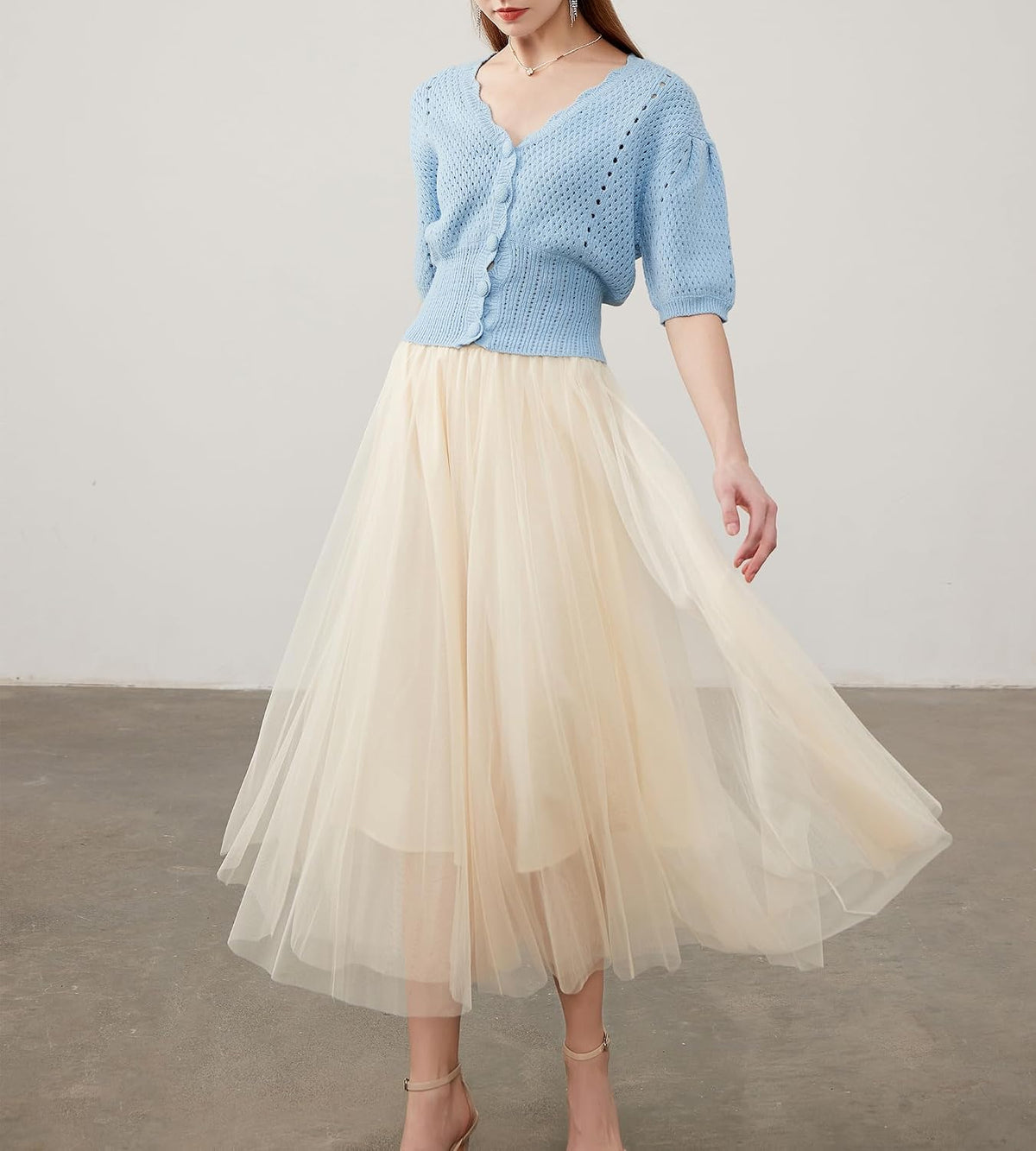 Women’s Tulle Skirts Midi Elastic High Waist Pleated Mesh Flowy A-Line Party Long Tutu Skirts…