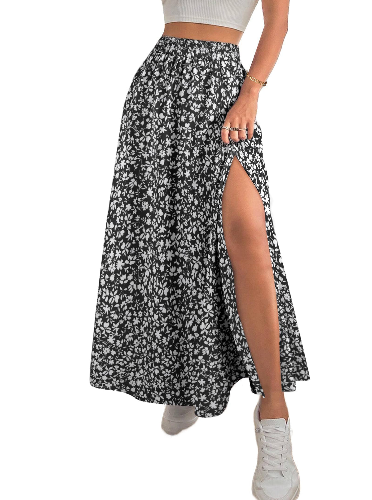 Avanova Women Boho Floral Slit Maxi Skirt Split Thigh High Waisted Long Skirts