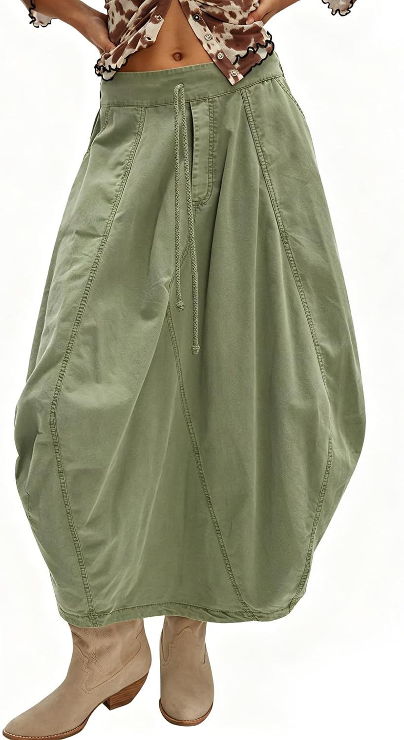 Women's Cargo Skirt Bubble Maxi Parachute Skirts with Pockets