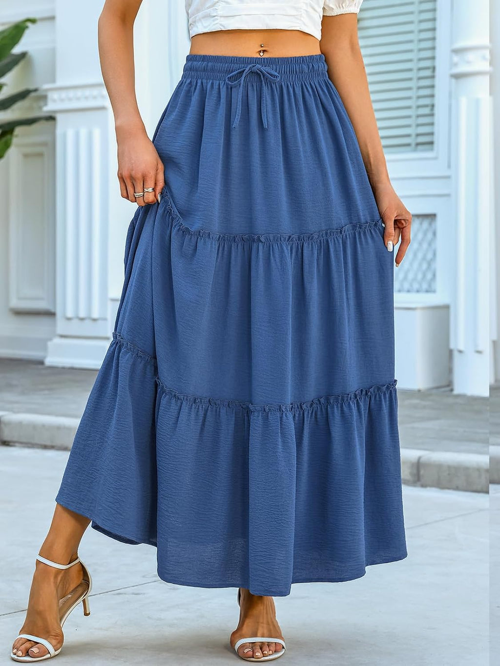 Younrui Maxi Skirts for Women 2026 Casual Elastic High Waist Tie Flowy Tiered Ruffled Long Skirt with Pockets