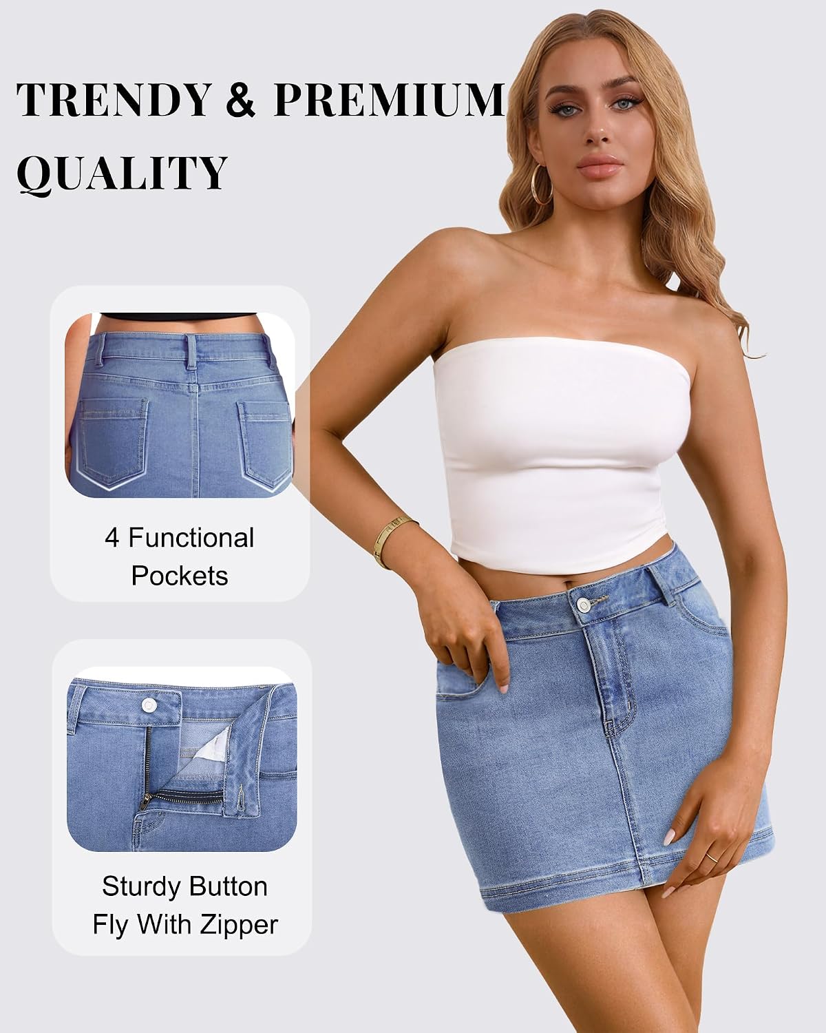 DLOODA Jean Denim Skirt for Women, Casual Denim Mini Skirt Stretchy Trendy Cute Micro Jean Skirts Zip Fly with 4 Pockets