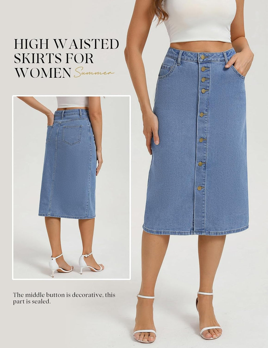 Belle Poque Jean Skirts for Women Denim High Waisted Stretch Below Knee Length Button Front Slit Midi Skirt with Pockets