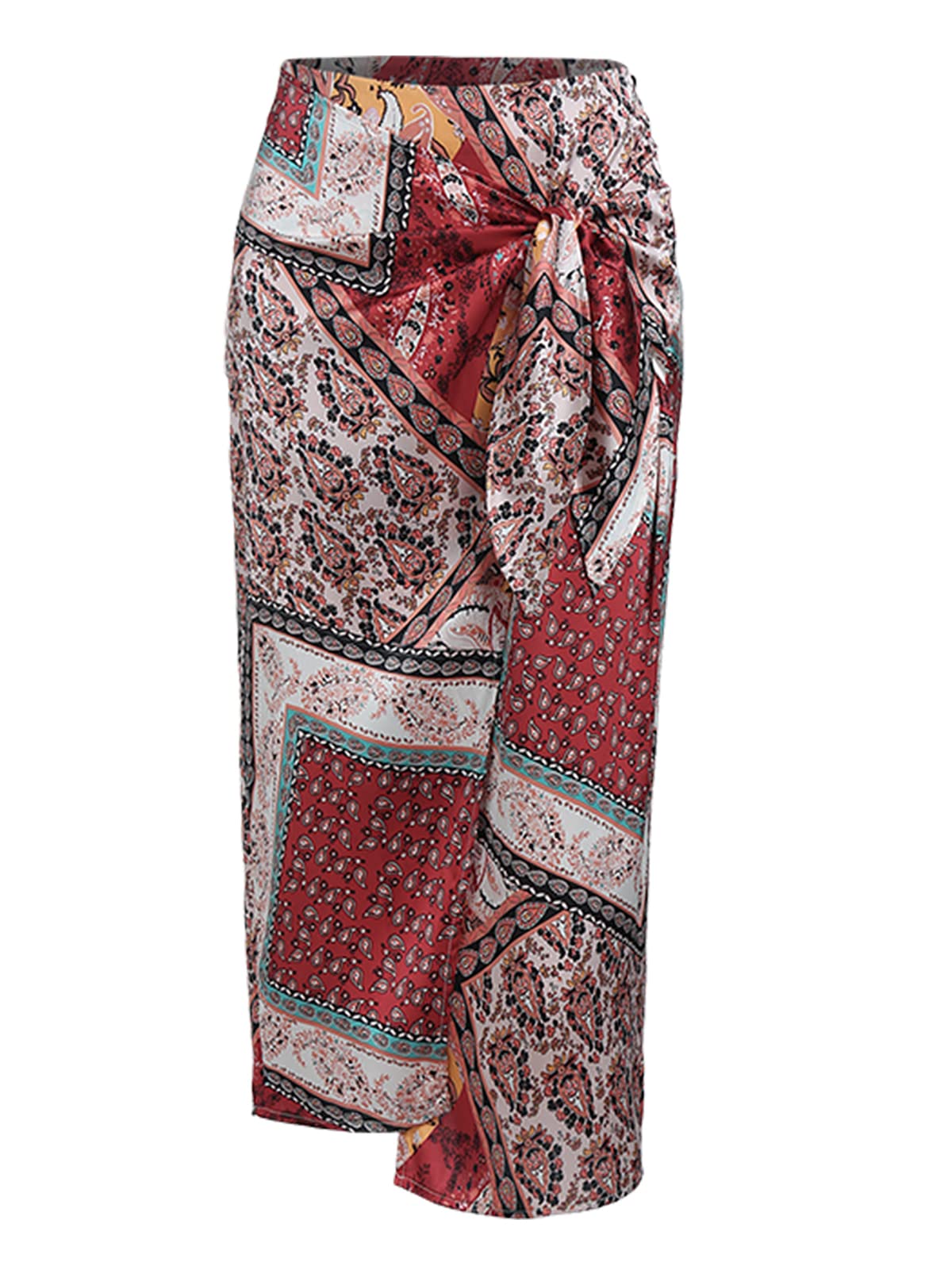 ZAFUL Women's Boho Skirt Asymmetrical Skirts Tied Floral Paisley Printed High Waist Ruched Skirts for Women