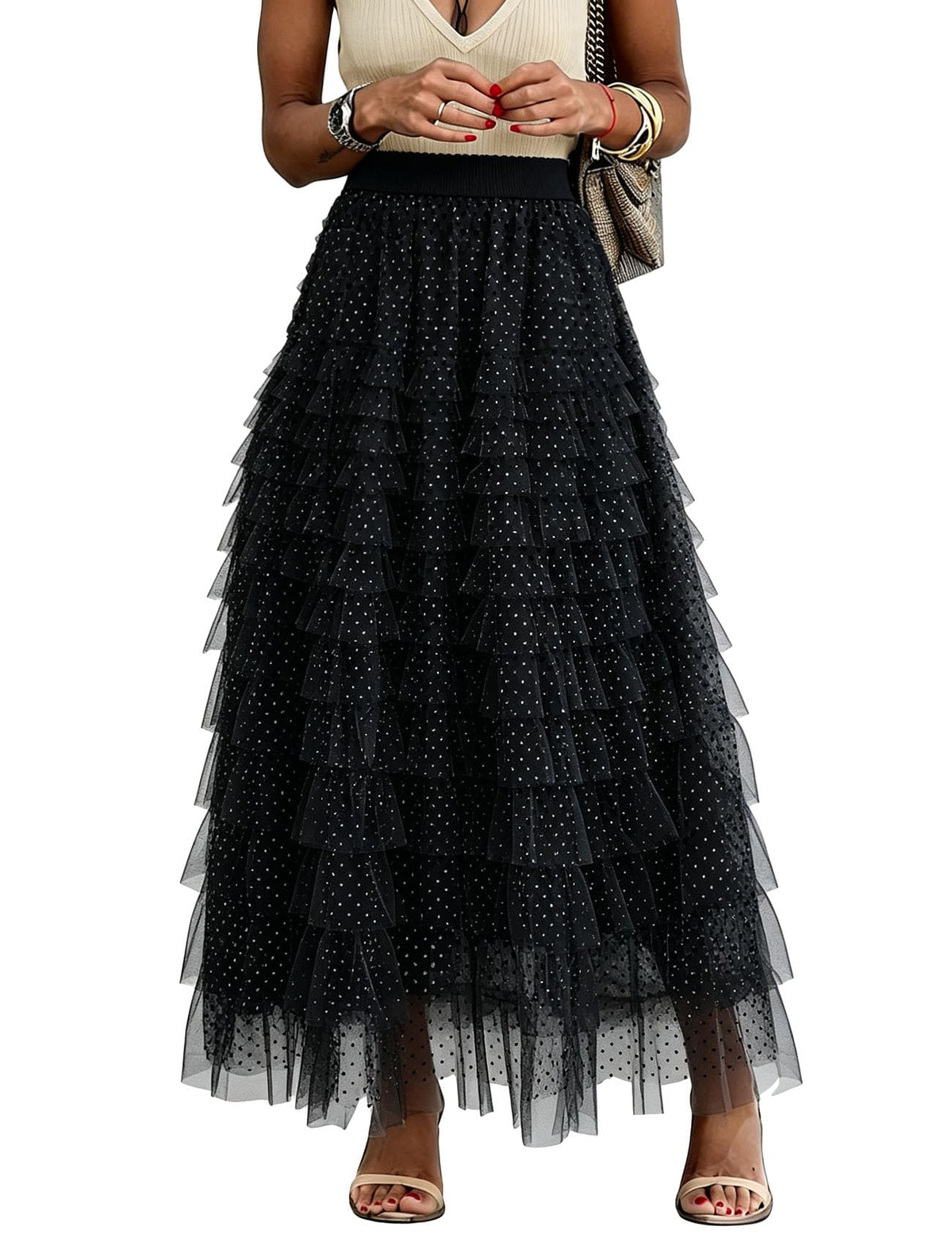 Flygo Women Long Maxi Tiered Tulle Skirts A Line Ruffle Layered Fairy Skirt