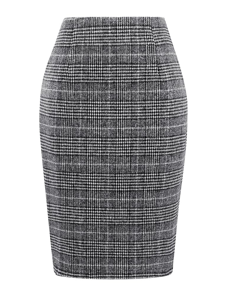 IDEALSANXUN Plaid Skirts for Women Fall Winter Knee Length Pencil Wool Skirt with Slit