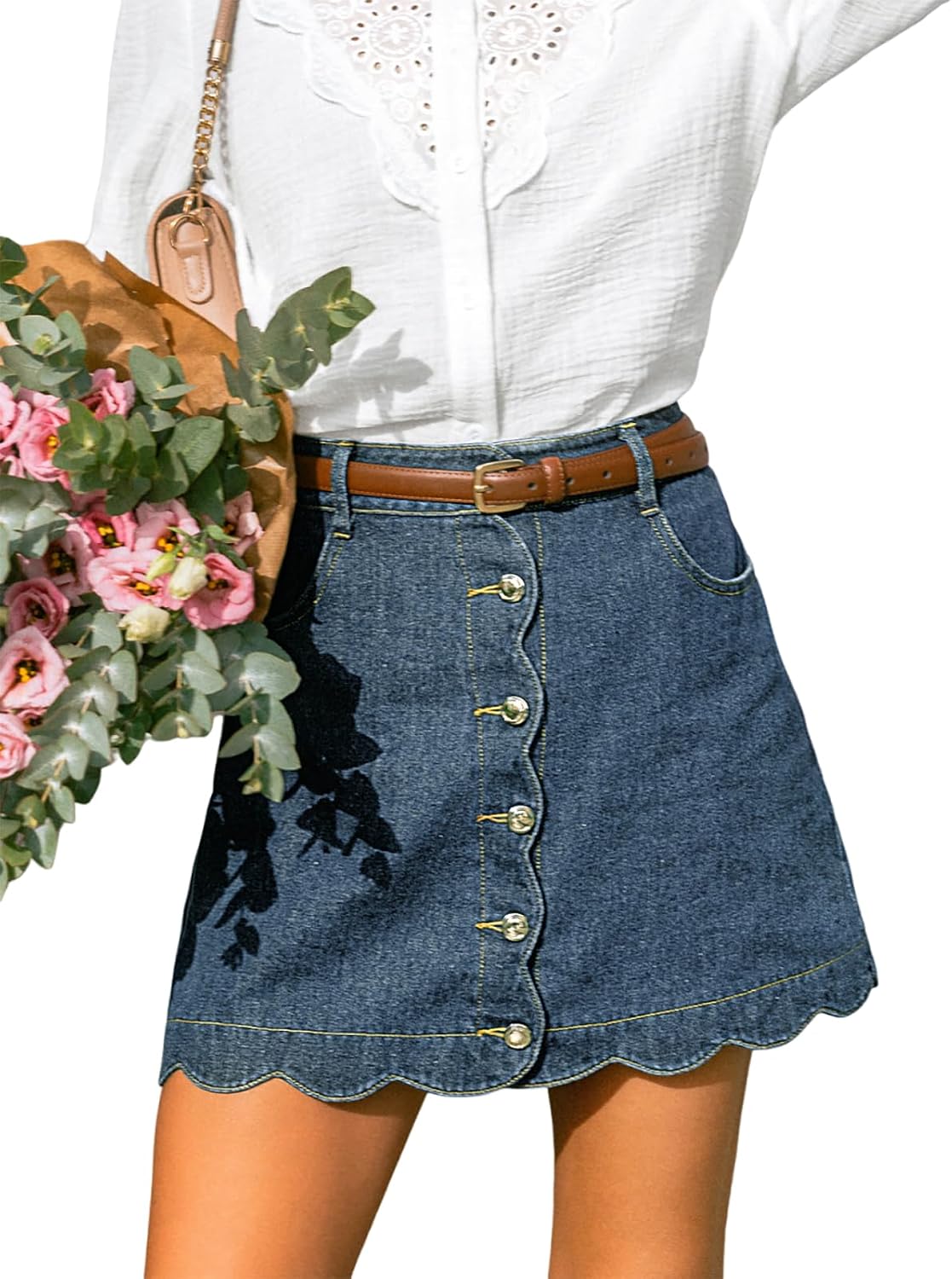 CUPSHE Women’s Denim Mini Skirt Button Front A-Line Scalloped Jeans