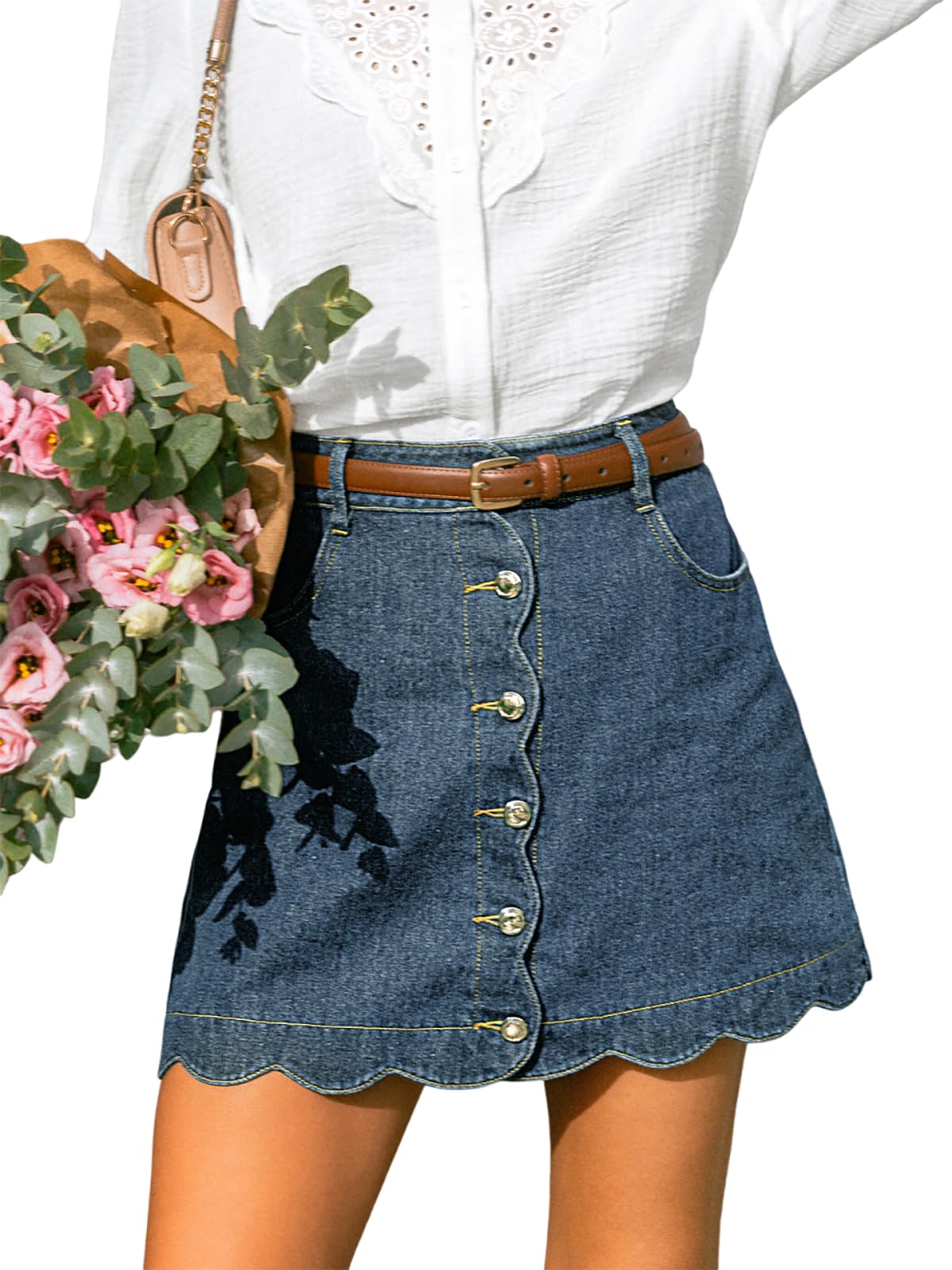 CUPSHE Women’s Denim Mini Skirt Button Front A-Line Scalloped Jeans