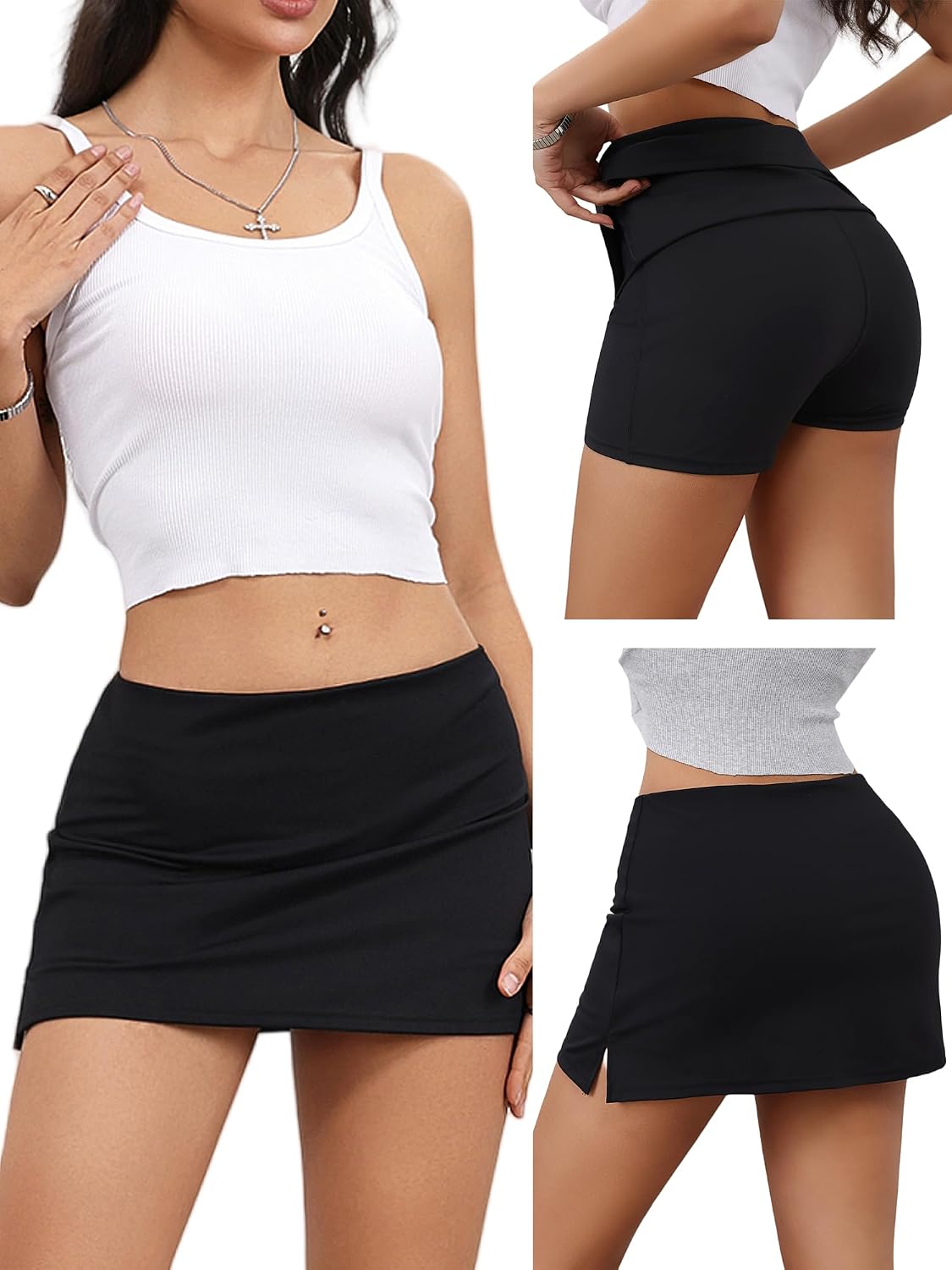 Danysu Stretchy Mini Skorts Low Waist Skirt with Shorts Side Slit Skirts