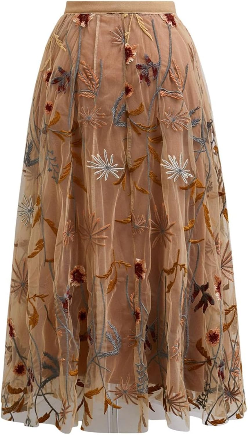 CHICWISH Women Floral Embroidered Tulle Skirt Flared A Line High Elastic Waist Mesh Double-Layered Midi Skirt
