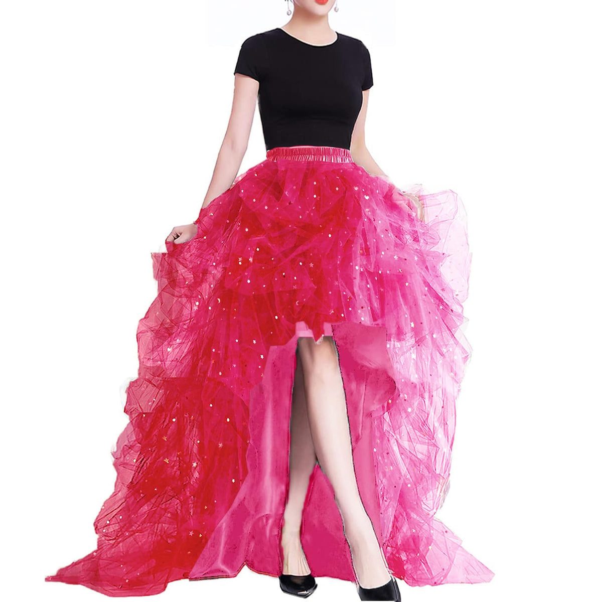 Lisong Women High Waist High Low Layered Tulle Floor Length Spectial Occasion Skirt