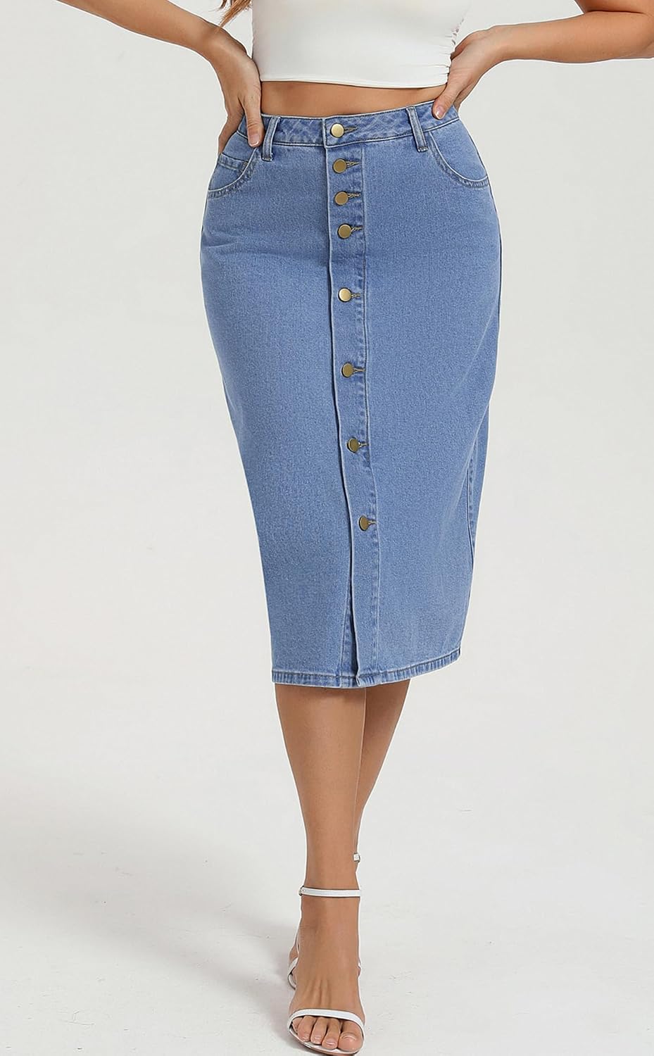 Belle Poque Jean Skirts for Women Denim High Waisted Stretch Below Knee Length Button Front Slit Midi Skirt with Pockets