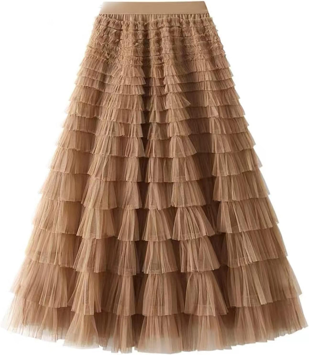 Flygo Women Long Maxi Tiered Tulle Skirts A Line Ruffle Layered Fairy Skirt