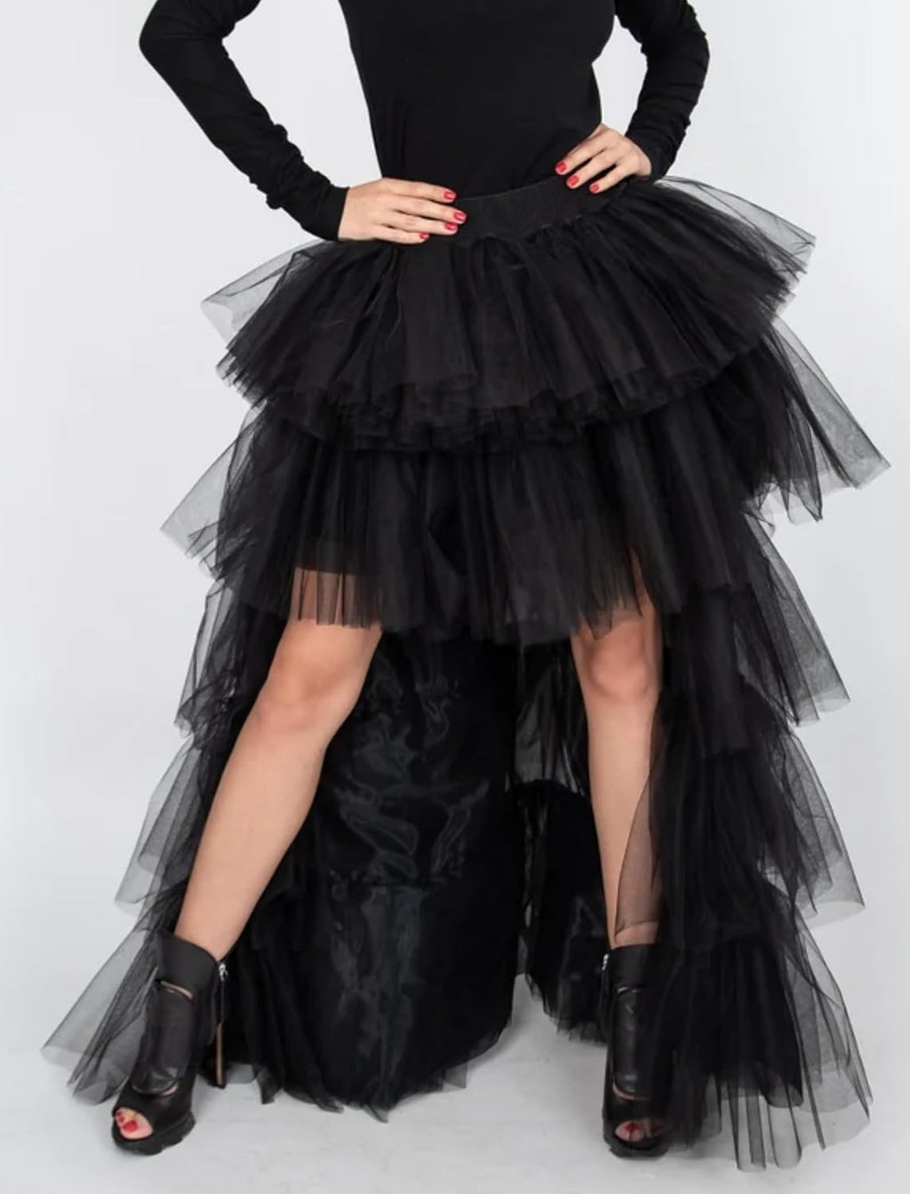 Women's High Low Tutu Skirts Sweet Elastic Waist Tulle Layered Ruffles Mesh Long Tiered Skirt