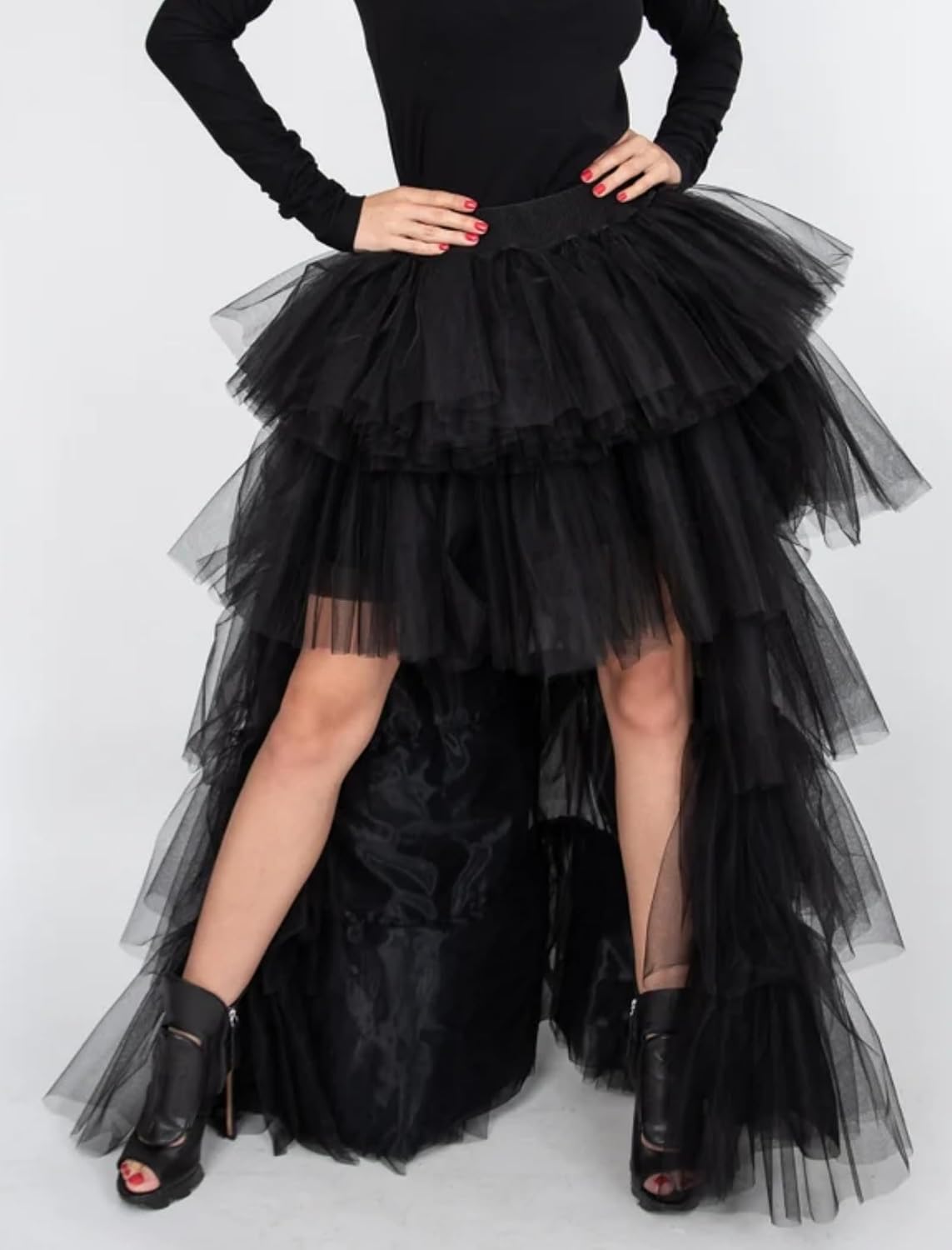 Women's High Low Tutu Skirts Sweet Elastic Waist Tulle Layered Ruffles Mesh Long Tiered Skirt