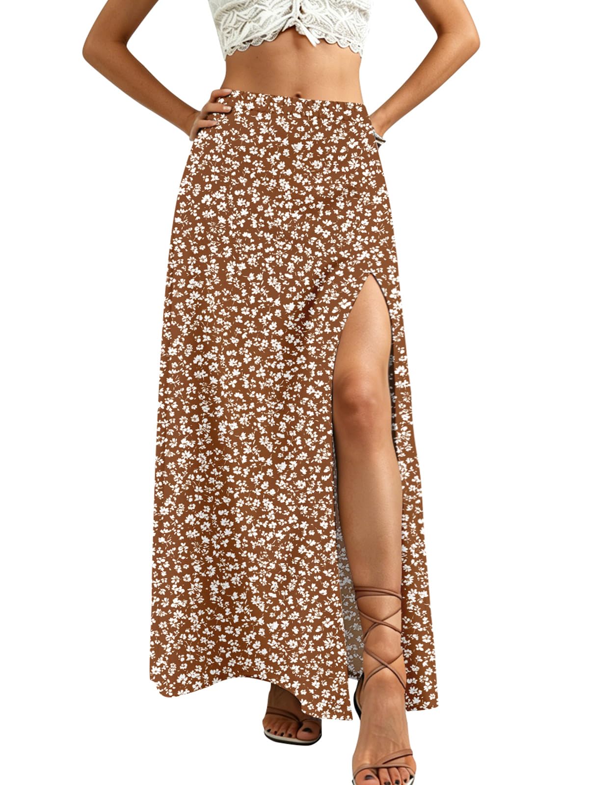 Women Summer Boho Floral Slit Maxi Skirt Split Thigh High Waisted Long Skirts