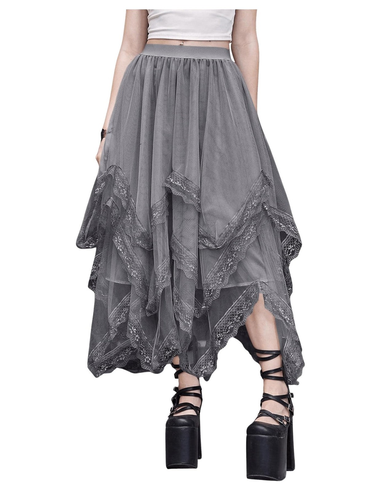 SHENHE Women's Lace Trim Layered Mesh Tulle Skirt Asymmetrical Goth Skirt