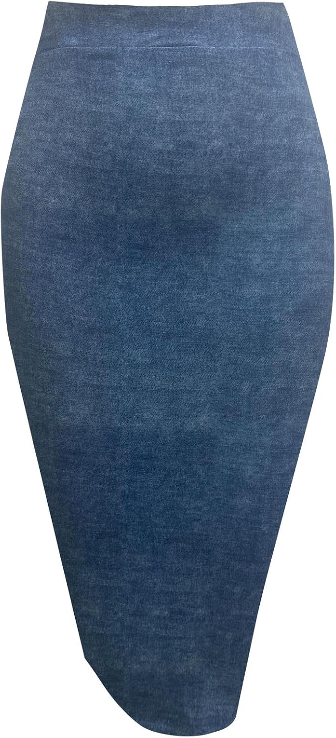 Topdress Women's Bodycon Pencil Skirts Basic Elastic High Waisted Stretch Short Skirt Knee Lenght with Slit