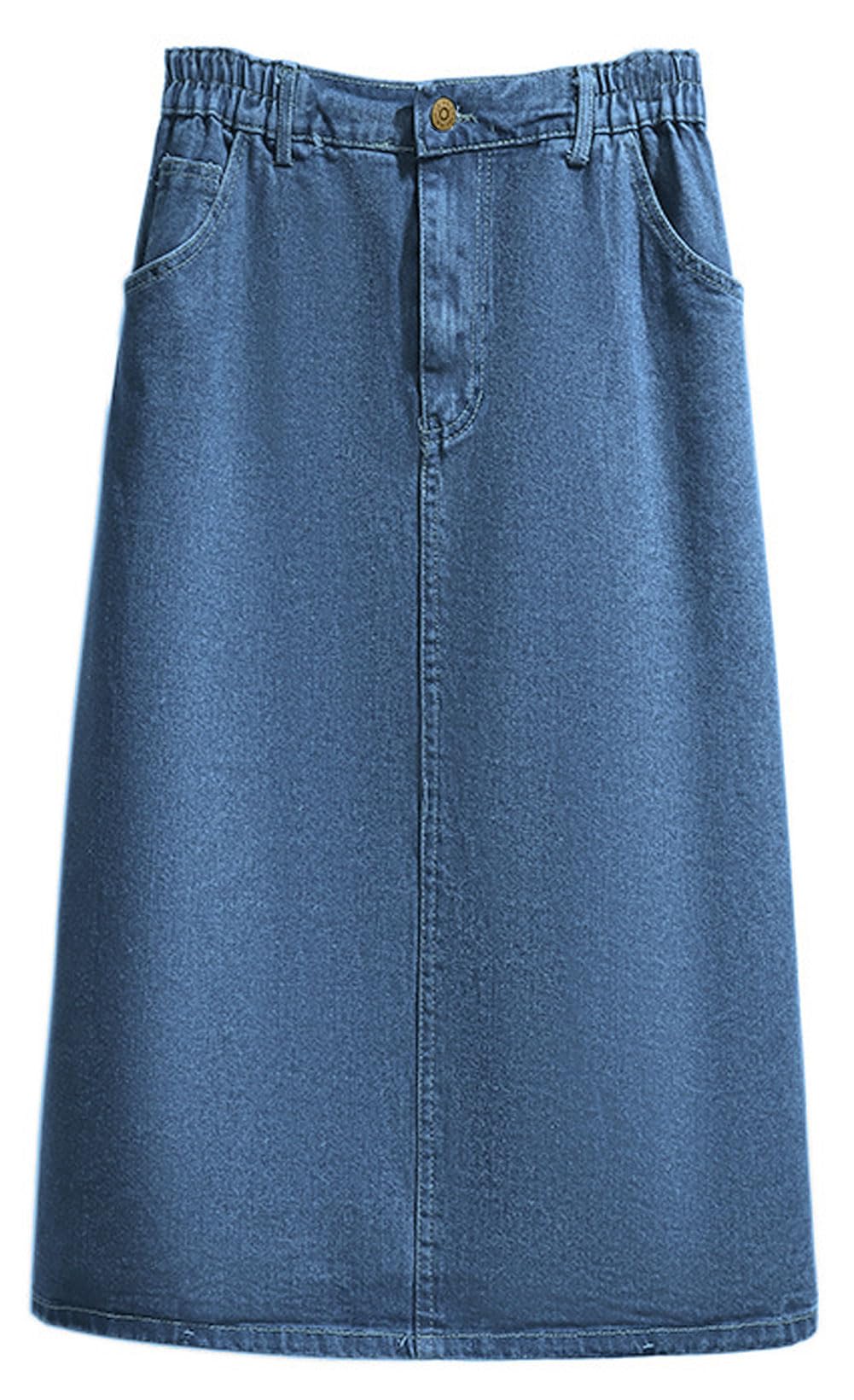 CHARTOU Women's Summer Casual Elastic Waist Pockets Work Midi Denim A Line Skirt