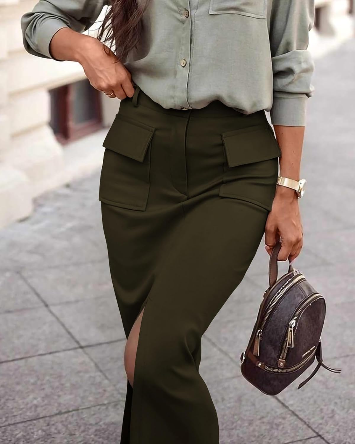 KIRUNDO Womens High Waist Cargo Midi Pencil Skirt