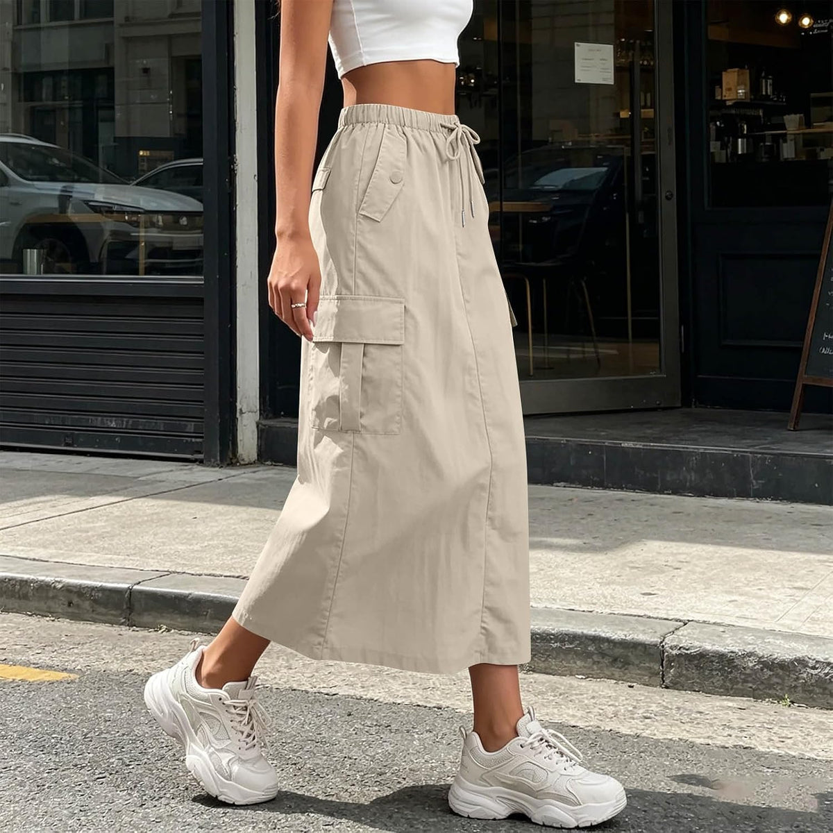 Women's Cargo Skirts Elastic Waist Drawstring Utility Midi Skirt with Multi-Pockets Casual Trendy Streetwear Skirts