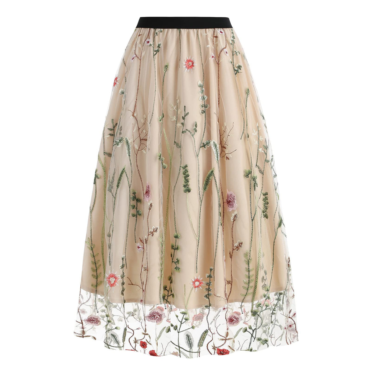 Women Vintage Floral Embroidered Tulle Midi Skirt 50s Party Elastic High Waist A-line Swing Skirts