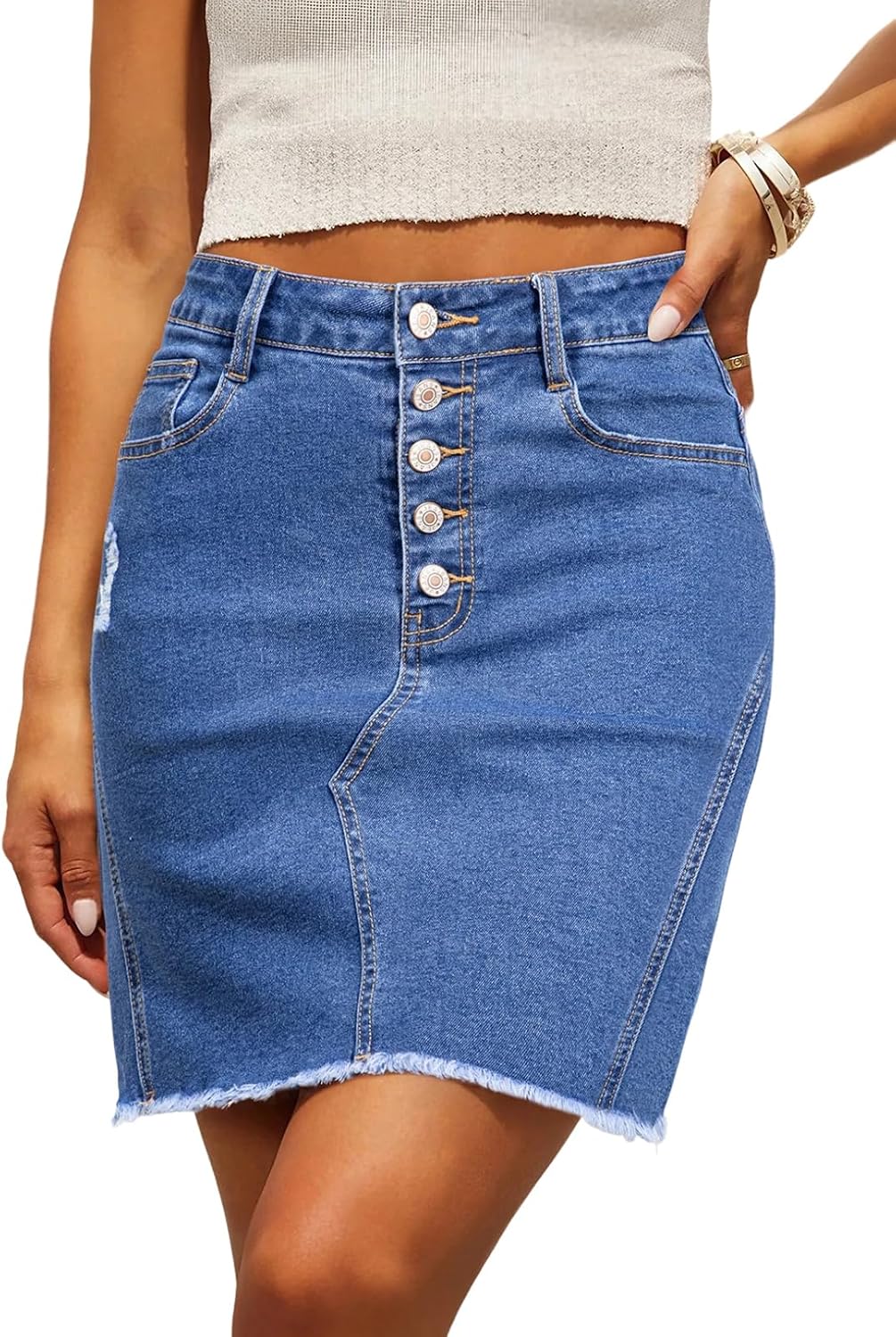 Sidefeel Women's Jean Skirt StretchyButton Fly Denim Skirt