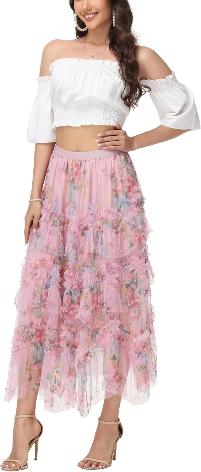 Sparkly Tulle Skirt for Women Floral Beaded Tiered Midi Length High Waist A Line Fairy Cake Party Skirt