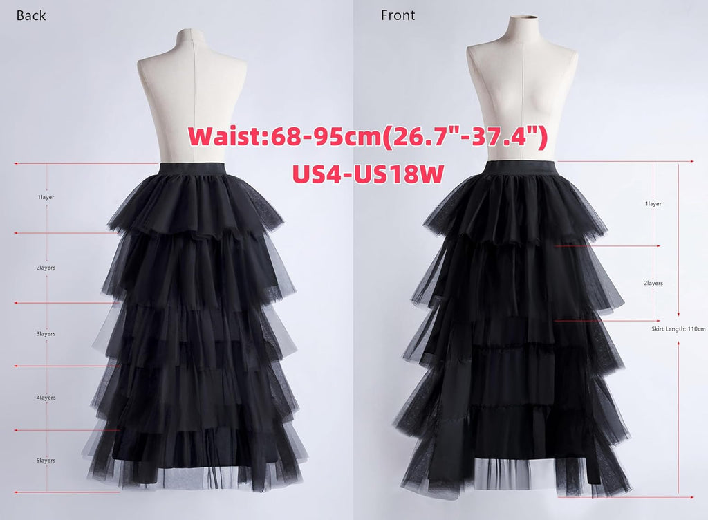 Women's High Low Tutu Skirts Sweet Elastic Waist Tulle Layered Ruffles Mesh Long Tiered Skirt