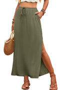 ELLEVEN Linen Straight Maxi Skirt with Side Slit-Long Flowy Skirt & Pocket
