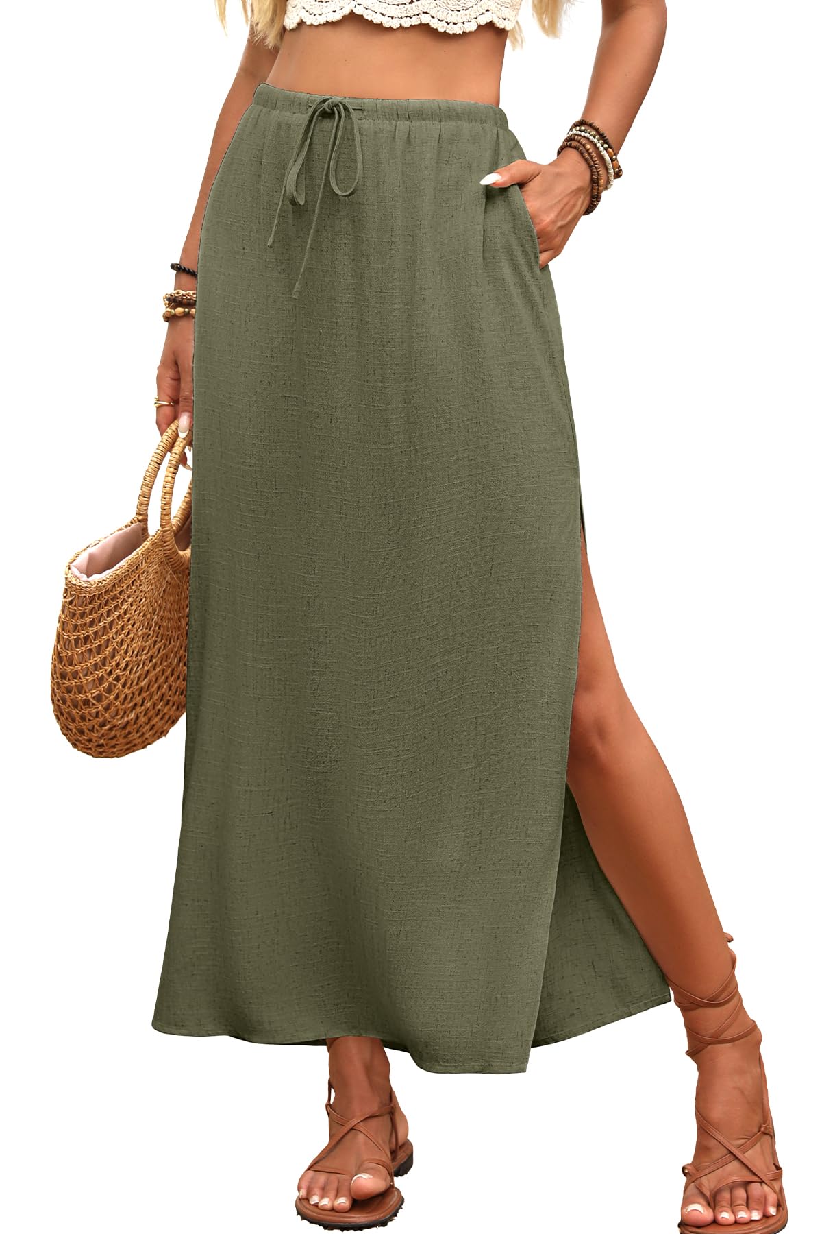 ELLEVEN Linen Straight Maxi Skirt with Side Slit-Long Flowy Skirt & Pocket