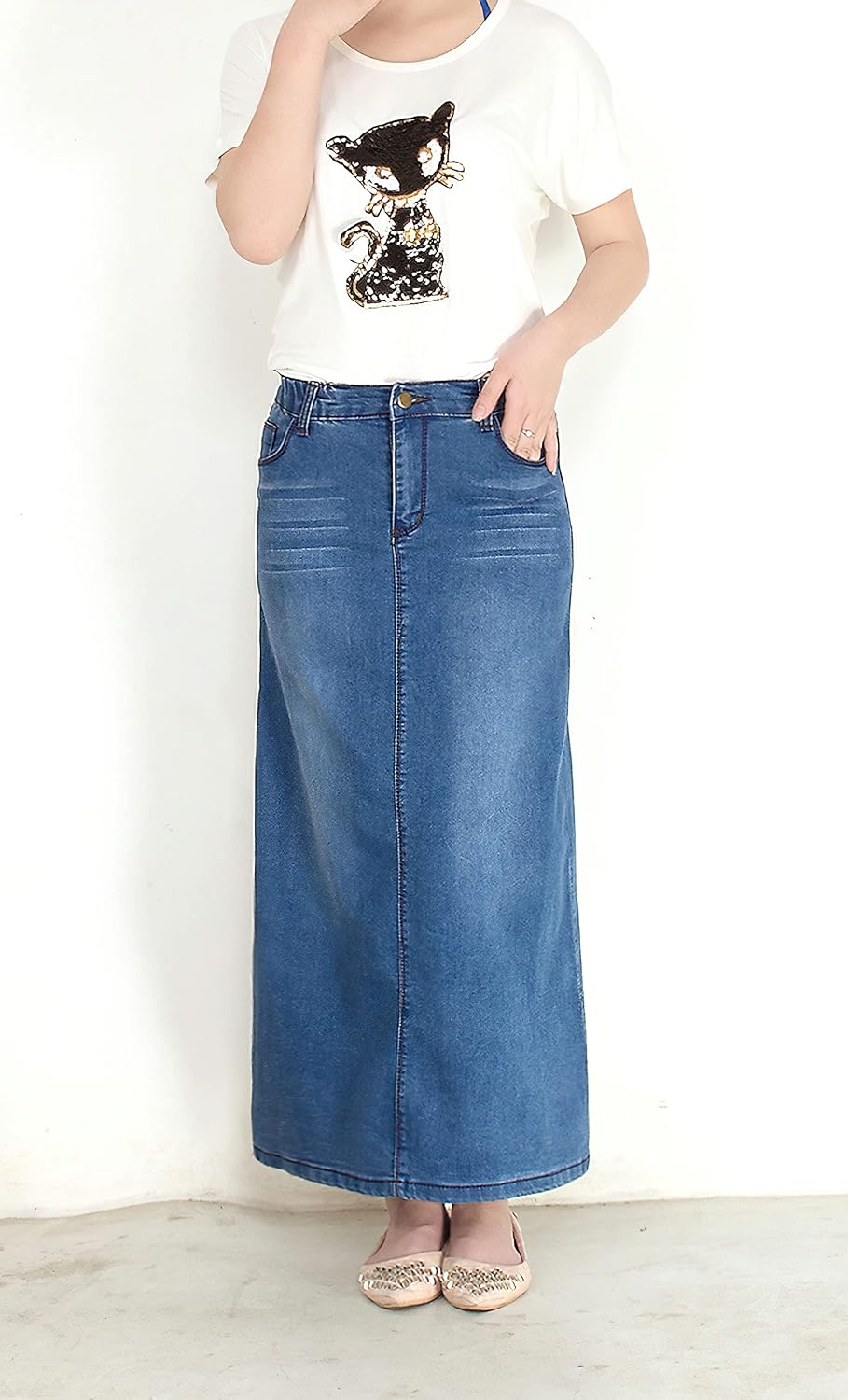 chouyatou Women's Casual Stretch Waist Washed Denim A-line Maxi Skirt
