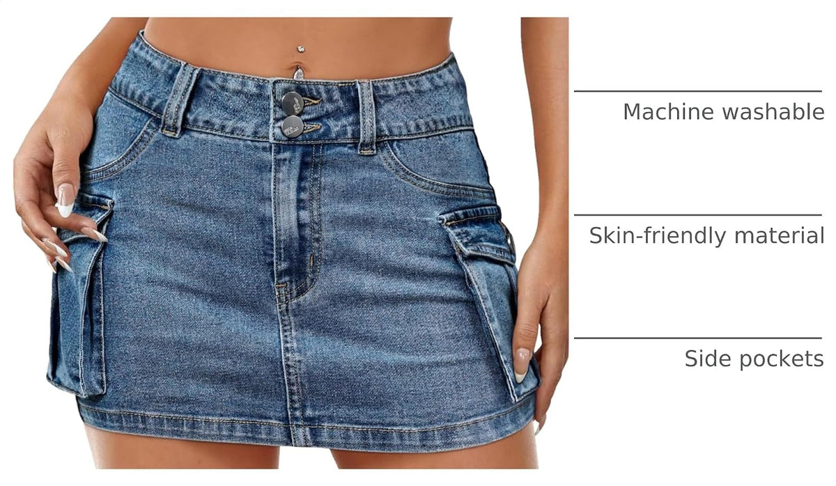 Mancreda Women Denim Mini Skirt Low Rise Y2K Jean Skirts Flap Pockets
