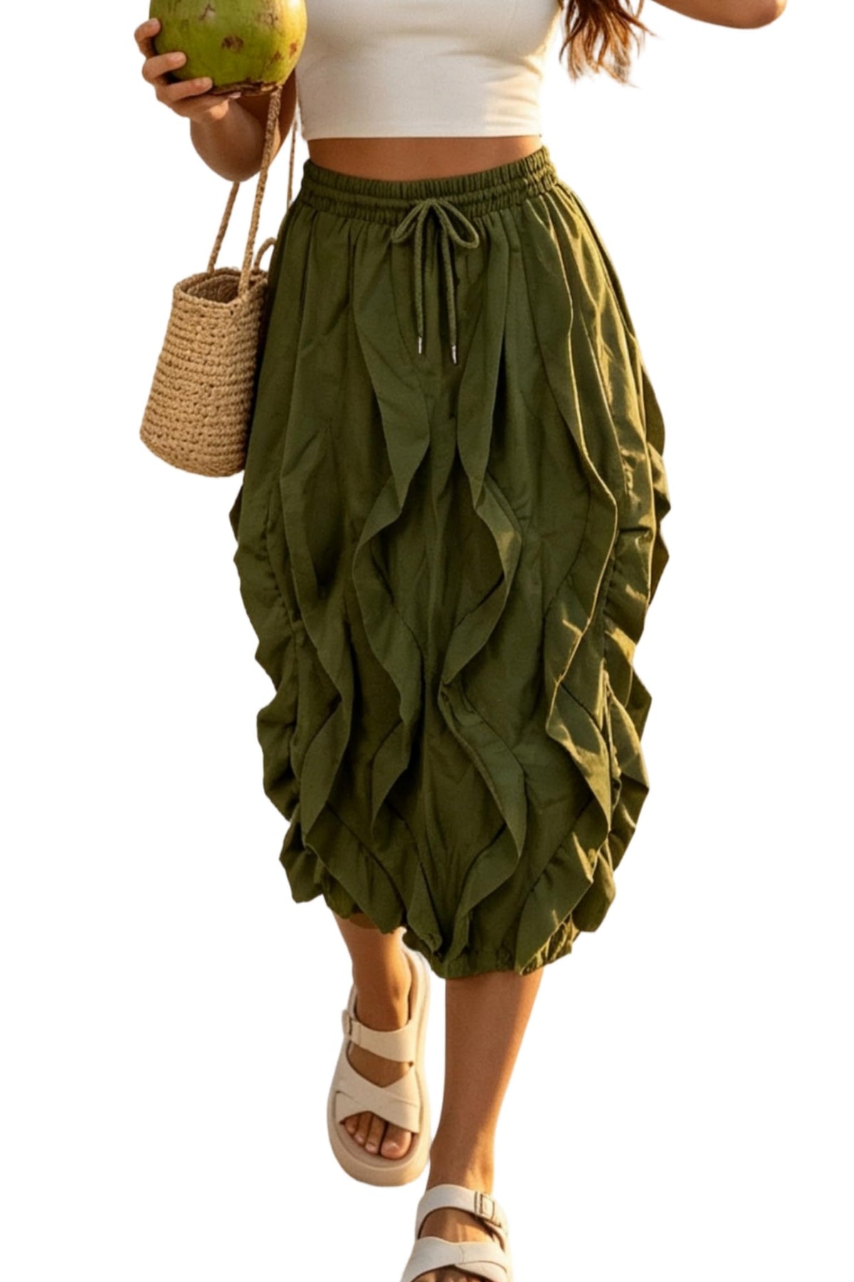 LROSEY Women Ruffle Cargo Skirt Y2k Novelty Drawstring Pleated Midi Skirts