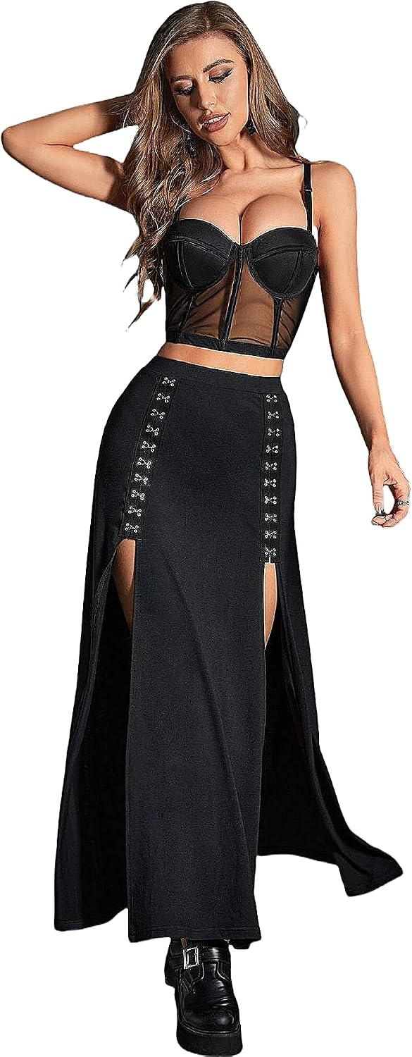 Women's Black Maxi Skirt with Double Side Slit & Hook-Buckles