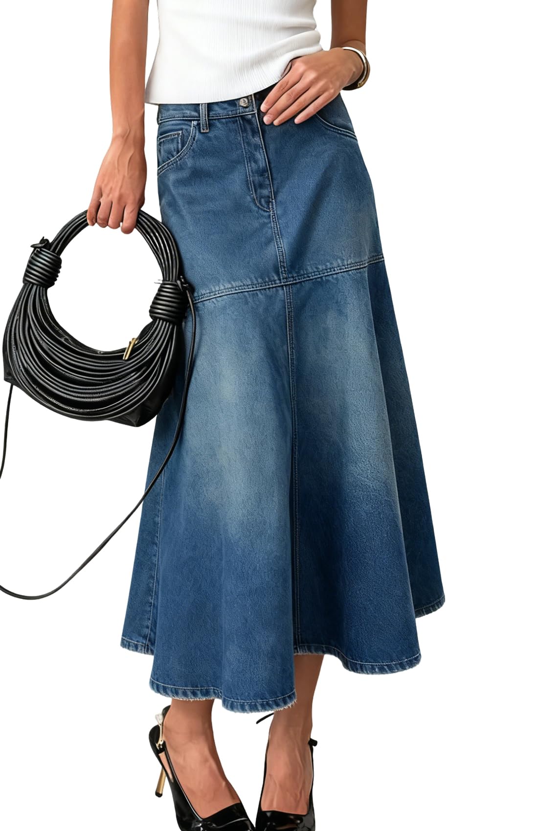 chouyatou Women's Elegant A-Line Pleated Jean Skirt Western Distressed Midi Long Fishtail Denim Skirt