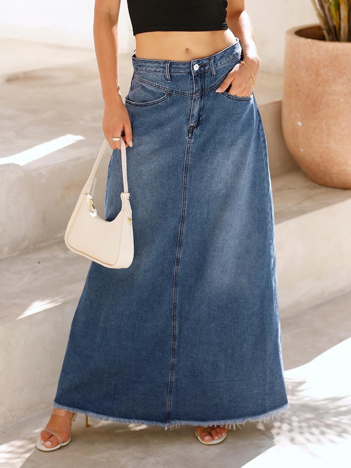 Fisoew Women's Vintage Denim Maxi Skirt Casual High Waist A-Line Frayed Hem Long Jean Skirt with Pockets