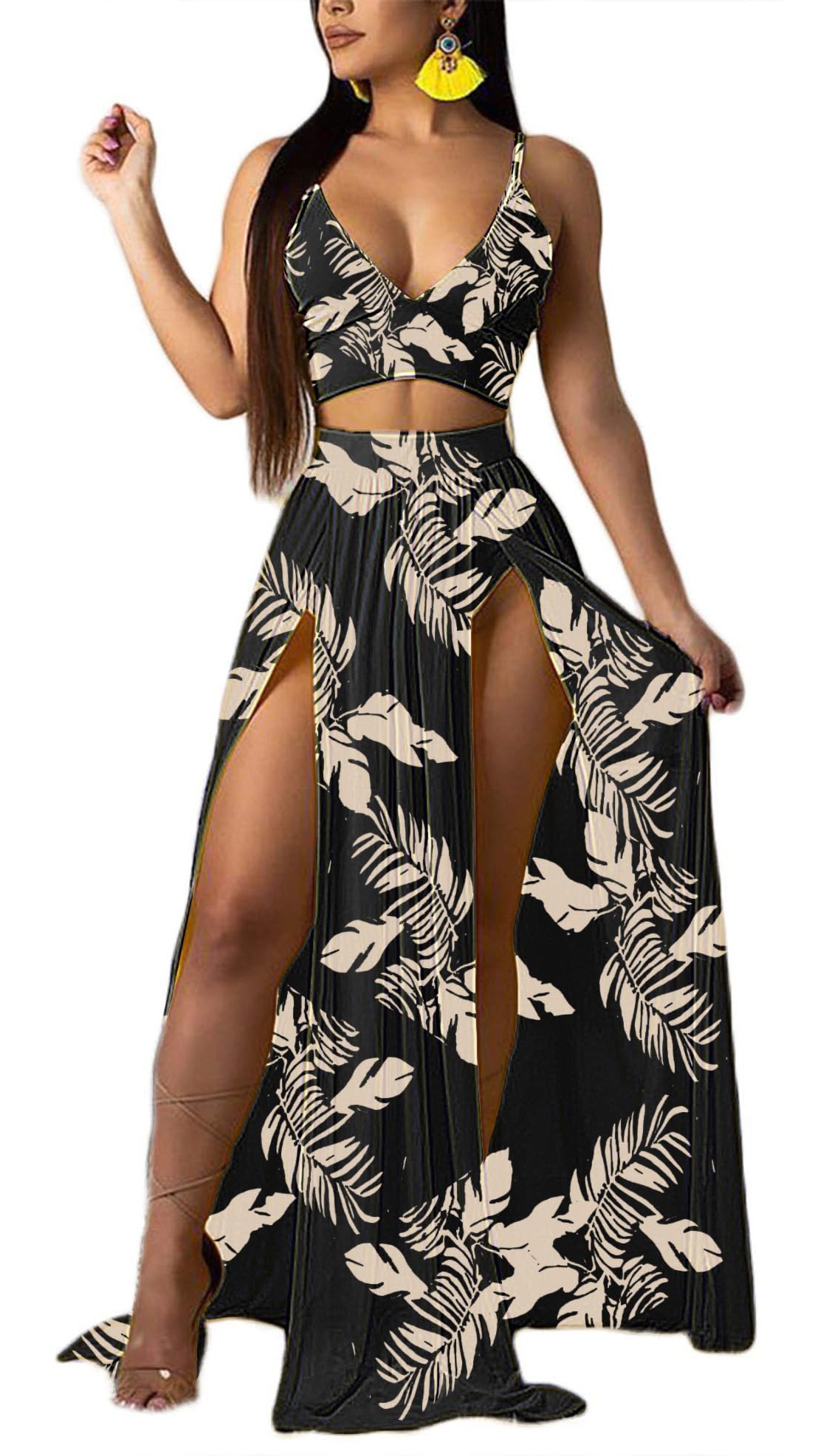 Women Sexy 2 Piece Outfits Dress Chiffon Strap Deep V Neck Bra Crop Top High Split Maxi Dresses Skirt Set