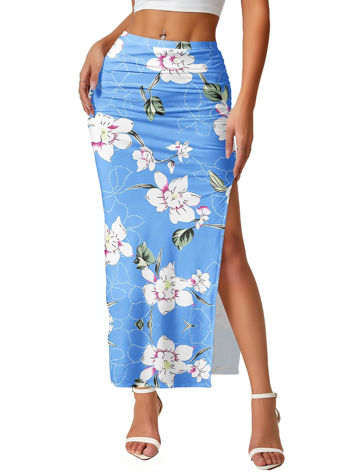 Women's Maxi Skirt Ruched Side Slit Thigh Elegant Bodycon Pencil Skirts