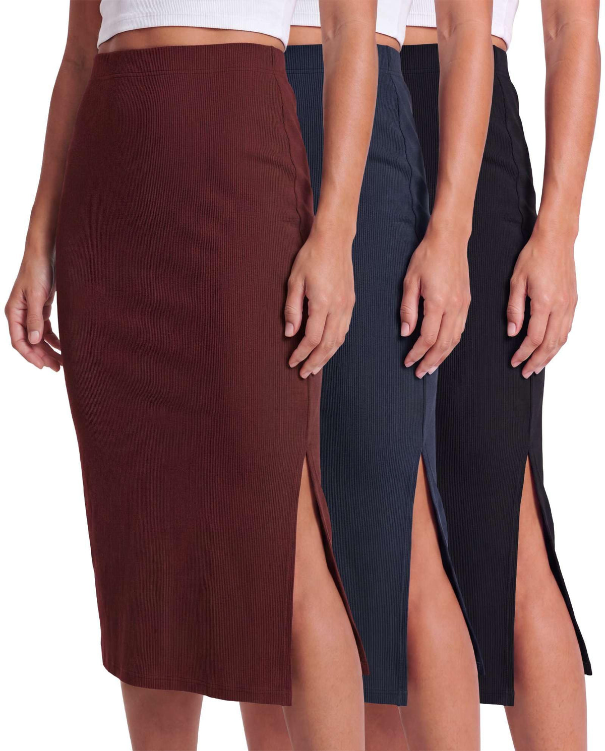 3 Pack Women's Ribbed Midi Skirts High Waisted Pencil Knee Length Work Slit