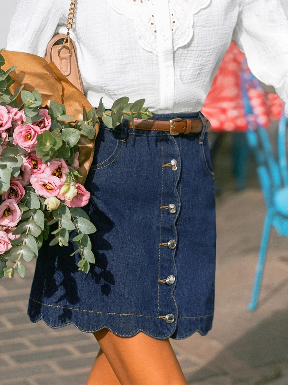 CUPSHE Women’s Denim Mini Skirt Button Front A-Line Scalloped Jeans