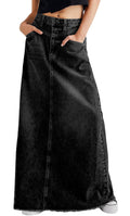 CHARTOU Women Vintage Denim Maxi Skirt Frayed Raw Hem High Waist A-Line Long Jean Skirt