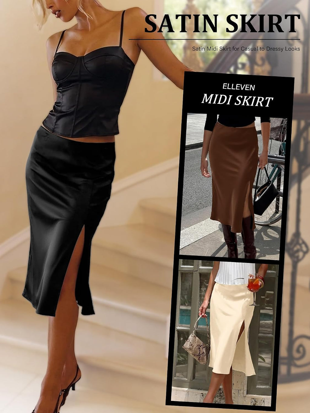 ELLEVEN Women's Satin Midi Skirt, Elegant Slit Slip Skirt