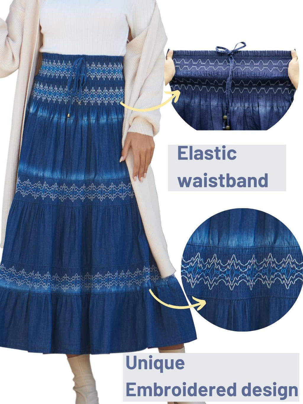 DREFBUFY Womens Denim Skirt High Waist Pleated Tiered Long Skirts Maxi Casual Style Jean Dress for Women